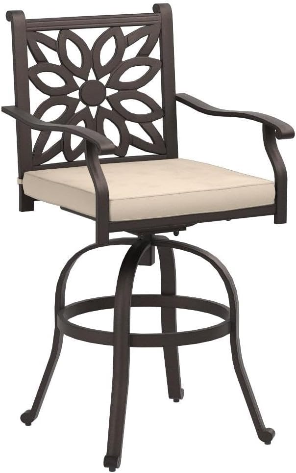PHI VILLA Outdoor Swivel Bar Stools Set of 2, Cast Aluminum High Top Pub Height Patio Bar Chairs with Seat Cushion