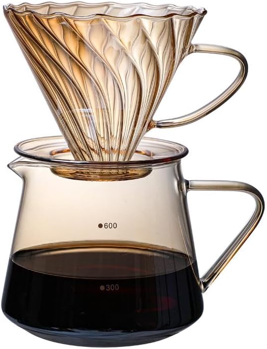 Pour Over Coffee Maker Set, 600ML Glass Carafe Coffee Server with Dripper Set, V60 Glass Coffee Filter for Home Office Gift, 1-4 Cups (Gold)