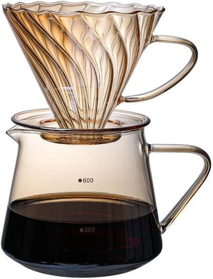 Pour Over Coffee Maker Set, 600ML Glass Carafe Coffee Server with Dripper Set, V60 Glass Coffee Filter for Home Office Gift, 1-4 Cups (Gold)