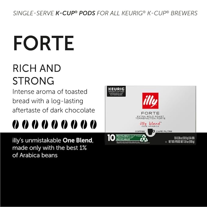 Illy Forte K Cup Coffee Pod, Bold And Intense, Extra Dark Roast, Made With 100% Arabica Beans, All-Natural, No Preservatives, Made for Keurig Machines, 10 Count (Pack Of 1)