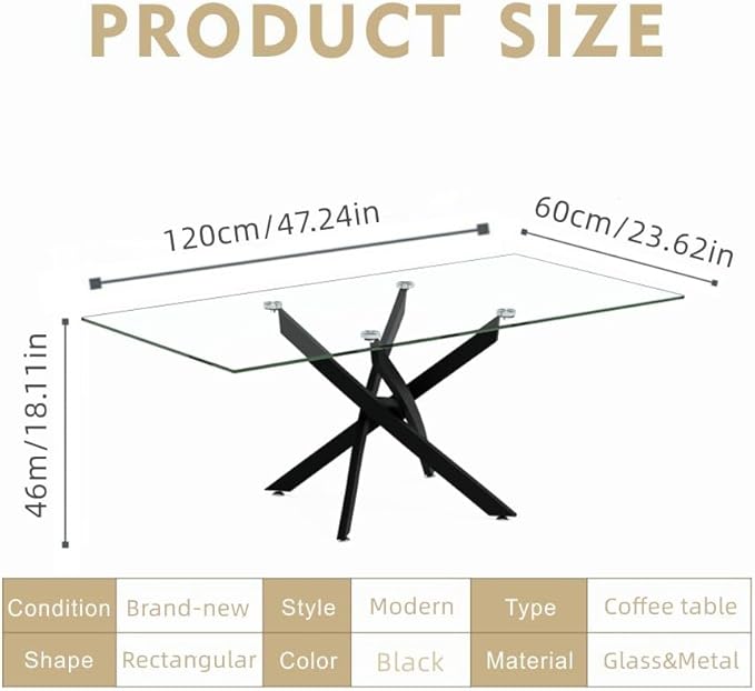 Tempered Glass Coffee Table with Metal Legs, Rectangle Modern Living Room Table for Home Office Living Room (Black, 47.3”x23.6”x18”)