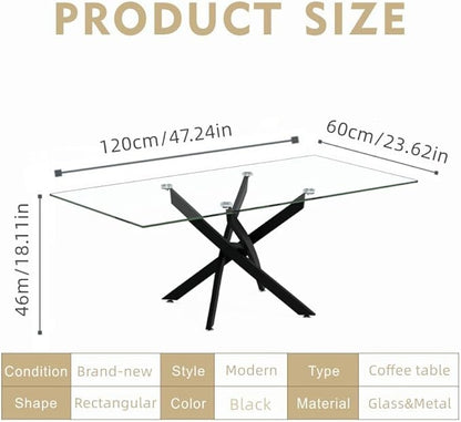 Tempered Glass Coffee Table with Metal Legs, Rectangle Modern Living Room Table for Home Office Living Room (Black, 47.3”x23.6”x18”)