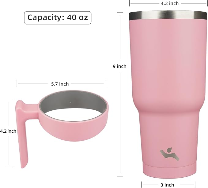 40 oz Tumbler with Handle and 2 Straw 2 Lid, Insulated Water Bottle Stainless Steel Vacuum Cup Reusable Travel Mug, Light Pink