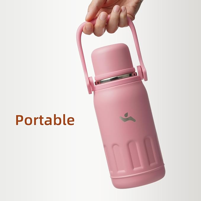 Insulated Water Bottle with Handle and Strap,Vacuum Travel Tumbler with Cup Lid,Thermo Coffee Cup for Hot Cold Drinks 27 OZ,Pink