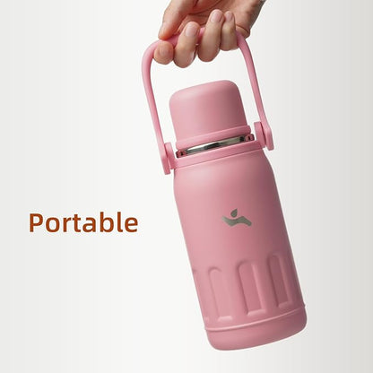 Insulated Water Bottle with Handle and Strap,Vacuum Travel Tumbler with Cup Lid,Thermo Coffee Cup for Hot Cold Drinks 27 OZ,Pink