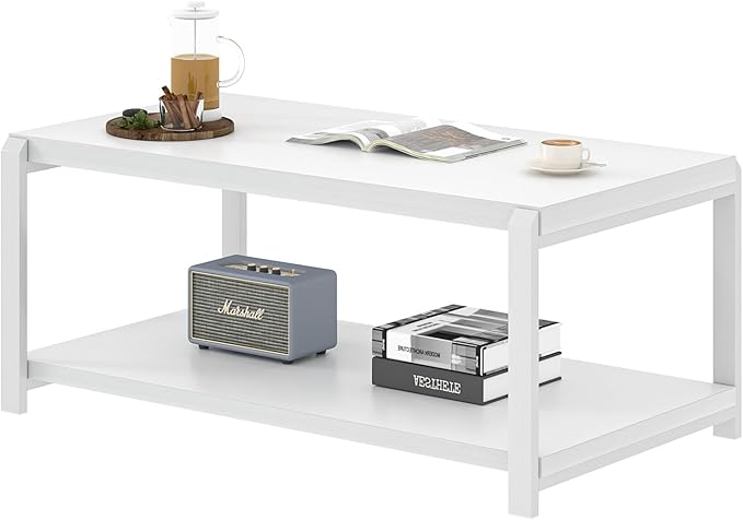 EXCEFUR White Coffee Table with Storage, Modern Center Table for Living Room, Rustic Wood and Metal Cocktail Tables, White Oak