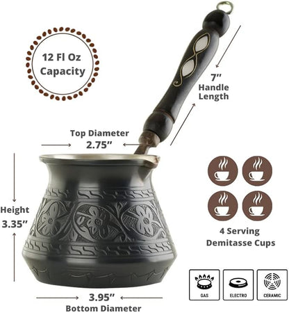 BCS 12 Oz Copper Turkish Greek Arabic Coffee Pot with Wooden Handle (4 servings) Cezve Ibrik Briki Stovetop Coffee Maker (Includes Wooden Spoon)