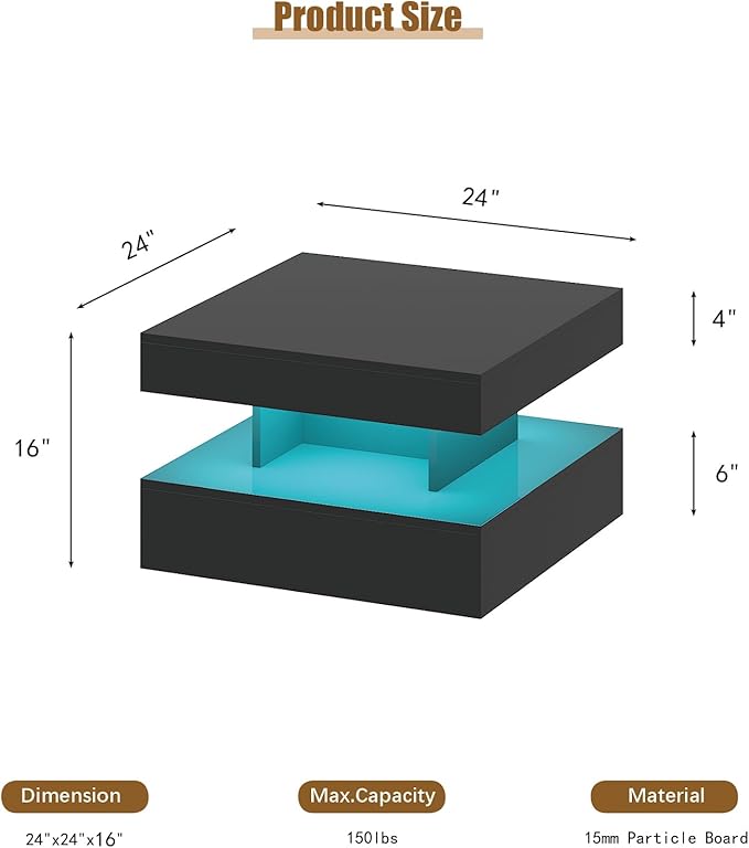Small Black Led Coffee Table for Living Room, 23.6" Wood Square 2-Tier Storage Modern Center Table, Modern High Glossy Wooden Coffee Tables for Small Space