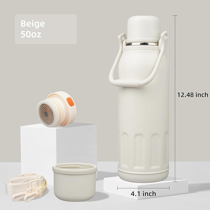 Insulated Water Bottle with Handle and Strap,Vacuum Travel Tumbler with Cup Lid,Thermo Coffee Cup for Hot Cold Drinks 50 OZ,Beige