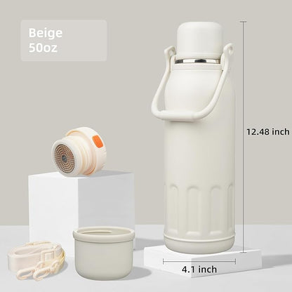 Insulated Water Bottle with Handle and Strap,Vacuum Travel Tumbler with Cup Lid,Thermo Coffee Cup for Hot Cold Drinks 50 OZ,Beige