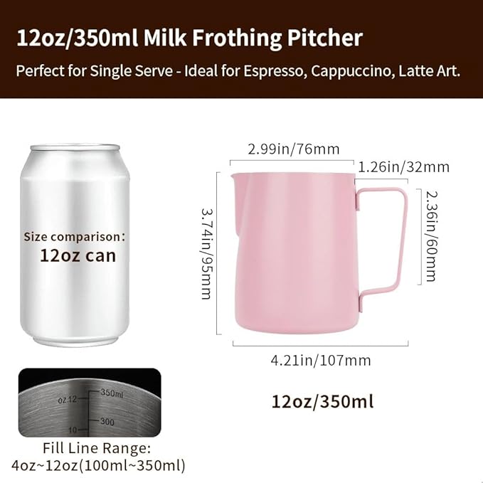 watchget Stainless Steel Milk Frothing Pitcher 12oz/350ml - Espresso Steaming Pitcher for Cappuccino, Latte Art, Coffee Machine Accessories Milk Jug Coffee Frother Cup, Pink