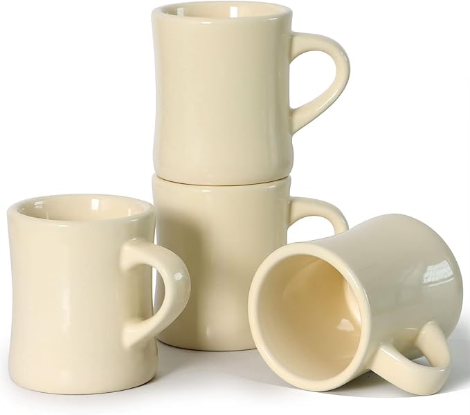 harebe Retro Coffee Cup Set of 4, 10 OZ Heavy Classic Ceramic Diner Mugs Set with Handle for Coffee, Tea, Cocoa, Milk, Latte（Cream）