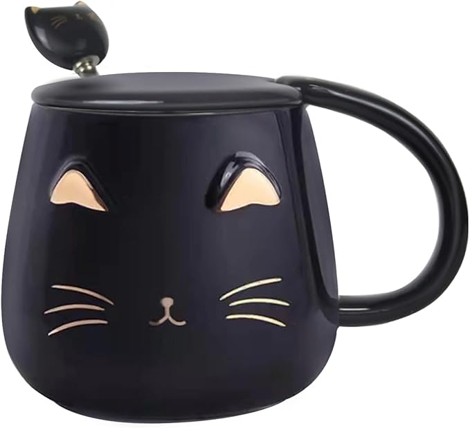 Yuwu Cat Mug Cute Coffee Mug gifts for cat lovers Ceramic Cup, Novelty Mug with Lid and Stainless Steel Spoon, Christmas Birthday Gifts Present for kids Women Girls (Black)