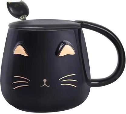 Yuwu Cat Mug Cute Coffee Mug gifts for cat lovers Ceramic Cup, Novelty Mug with Lid and Stainless Steel Spoon, Christmas Birthday Gifts Present for kids Women Girls (Black)