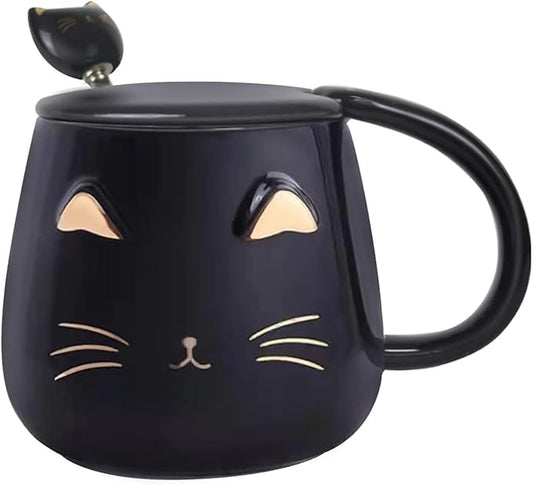 Yuwu Cat Mug Cute Coffee Mug gifts for cat lovers Ceramic Cup, Novelty Mug with Lid and Stainless Steel Spoon, Christmas Birthday Gifts Present for kids Women Girls (Black)