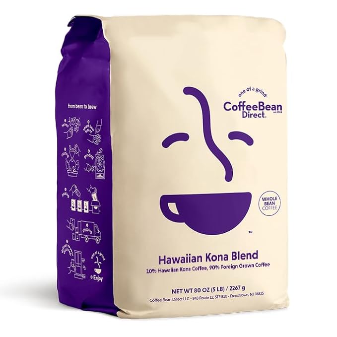 Coffee Bean Direct Hawaiian Kona Blend, Whole Bean Coffee, Light Roast, 5 Pound Bag (Pack of 1)