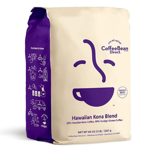 Coffee Bean Direct Hawaiian Kona Blend, Whole Bean Coffee, Light Roast, 5 Pound Bag (Pack of 1)