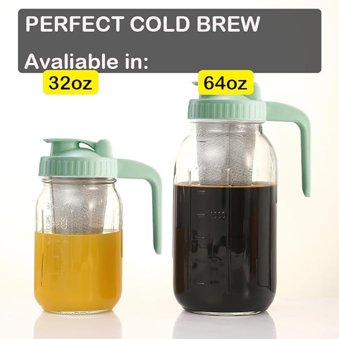 Fermus Set of 2 Cold Brew Coffee Maker, 64oz / 2Quart Glass Pitcher with Stainless Steel Filter and Pour Spout Handle Lid, Mason Jar for Making Cold Coffee, Fruit Drinks, Sun Tea (2)