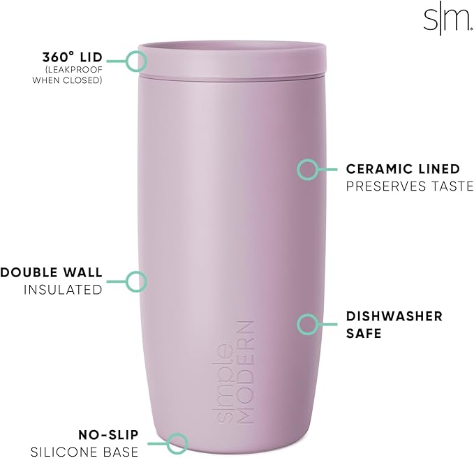 Simple Modern Travel Coffee Mug Tumbler with 360° Lid | Ceramic-Lined Insulated Stainless Steel Cold Brew Iced Coffee Cup | Gifts for Women Men Her Him | Voyager Signature | 16oz | Lavender Mist