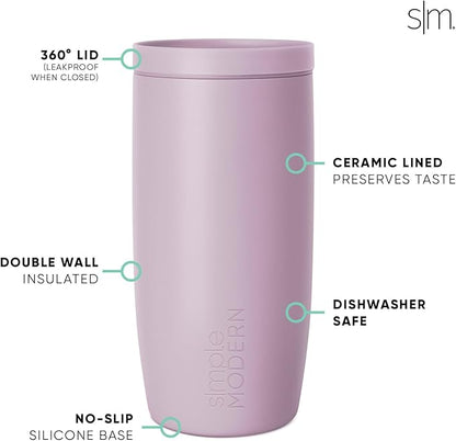 Simple Modern Travel Coffee Mug Tumbler with 360° Lid | Ceramic-Lined Insulated Stainless Steel Cold Brew Iced Coffee Cup | Gifts for Women Men Her Him | Voyager Signature | 16oz | Lavender Mist