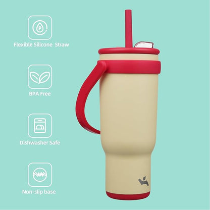 40 oz Tumbler with Side Handle, Insulated Water Bottle with Straw and 2 in 1 Lid, Stainless Steel Cup Travel Coffee Mug for Sports Office Gym,Cream