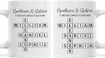 Load image into Gallery viewer, Family Forever Linked Together Custom Names Ceramic Mug, Crossword Puzzle Art, for Birthday, Anniversary or Special Occasions (Brothers &amp; Sisters Forever Linked Together White Mug Ver 1)