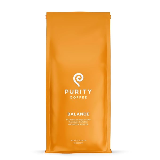 Purity Coffee BALANCE 2/3 Decaf Medium Roast Whole Bean Coffee (5lb Bag) - Specialty-Grade Mountain Water Processed Decaf + Regular Arabica Blend- USDA Certified Organic Decaffeinated - Third Party Tested for Mold, Mycotoxins, Pesticide Residue