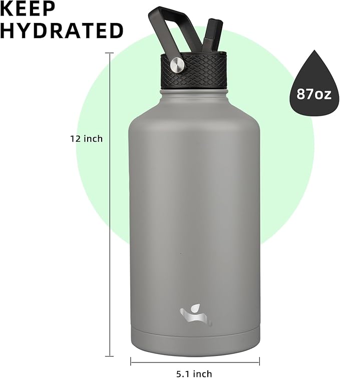 Insulated Water Bottle with Straw,87 oz 3 Lids Water Jug with Carrying Bag,Paracord Handle,Double Wall Vacuum Stainless Steel Metal Flask,Gray