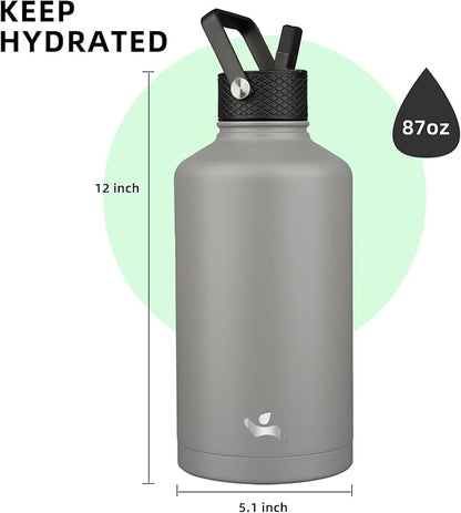 Insulated Water Bottle with Straw,87 oz 3 Lids Water Jug with Carrying Bag,Paracord Handle,Double Wall Vacuum Stainless Steel Metal Flask,Gray