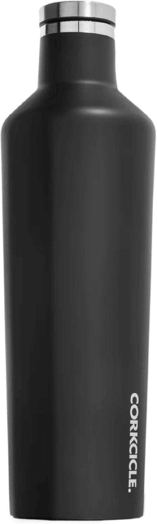 Corkcicle Insulated Water Bottle Thermos, Leakproof, Triple Insulated Stainless Steel, Easy Grip Flat Sides and Screw-on Cap, Cold for 25 Hours or Warm for 12 Hours, 25 oz, Black