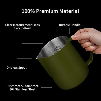 watchget Stainless Steel Milk Frothing Pitcher 12oz/350ml - Espresso Steaming Pitcher for Cappuccino, Latte Art, Coffee Machine Accessories Milk Jug Coffee Frother Cup, Matte Green