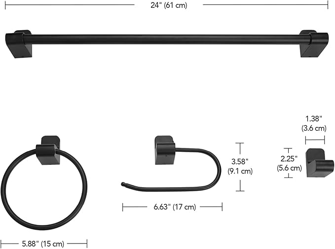 Globe Electric 52060 Tristan 5-Piece All-In-One Bathroom Set, Matte Black, 3-Light Vanity Light, Towel Bar, Toilet Paper Holder, Towel Ring, Robe Hook