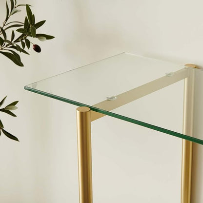 Glass Console Table for Living Room, Foyer & Entrance, 2-Tiers Mid-Century Modern Sofa Table with Clear Glass Top, White Marble Finish Wood Shelf and Gold Finish Frame