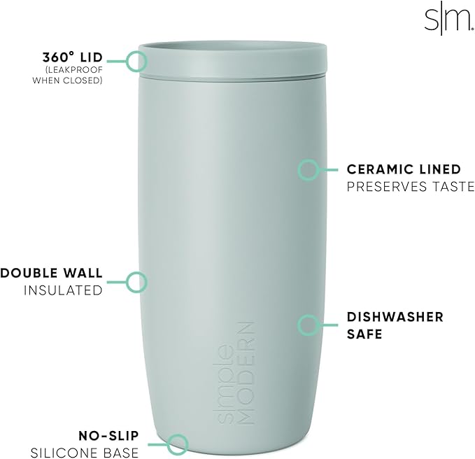Simple Modern Travel Coffee Mug Tumbler with 360° Lid | Ceramic-Lined Insulated Stainless Steel Cold Brew Iced Coffee Cup | Gifts for Women Men Her Him | Voyager Signature | 16oz | Sea Glass Sage
