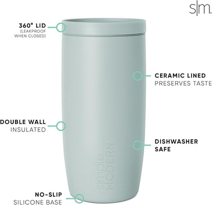 Simple Modern Travel Coffee Mug Tumbler with 360° Lid | Ceramic-Lined Insulated Stainless Steel Cold Brew Iced Coffee Cup | Gifts for Women Men Her Him | Voyager Signature | 16oz | Sea Glass Sage