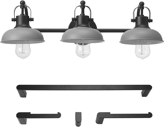 Globe Electric 52065 Gladstone 5-Piece All-In-One Bathroom Set, Matte Black, 3-Light Vanity Light with Matte Gray Metal Shades, Towel Bar, Towel Ring, Robe Hook, Toilet Paper Holder