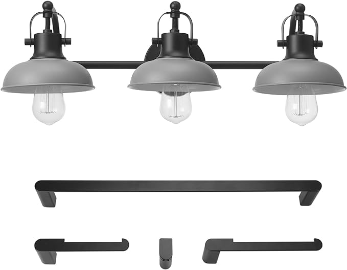 Globe Electric 52065 Gladstone 5-Piece All-In-One Bathroom Set, Matte Black, 3-Light Vanity Light with Matte Gray Metal Shades, Towel Bar, Towel Ring, Robe Hook, Toilet Paper Holder