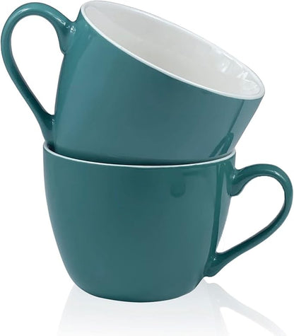 MECOWON 30 OZ Porcelain Coffee Mugs, Set of 2 Large Mugs for Soup, Cereal and Salad (Teal (bluish - green))