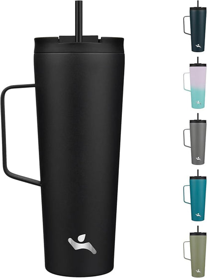 Insulated Tumbler with Handle and Straw, 26 OZ Travel Coffee Mug Stainless Steel Cup Metal Water Bottle,Black