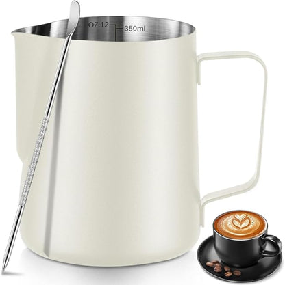 Frothing Milk Pitcher, 12 oz/350 ml Stainless Steel Frothing Milk Jug with Latte Art Pen,with Internal Measurements, for Cappuccino, Espresso and More（white）