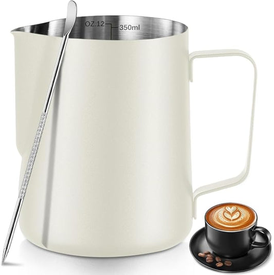 Frothing Milk Pitcher, 12 oz/350 ml Stainless Steel Frothing Milk Jug with Latte Art Pen,with Internal Measurements, for Cappuccino, Espresso and More（white）