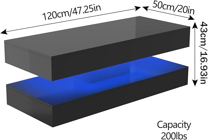 Uspeedy 47.3in Large High Glossy LED Coffee Table with 2 Storage Drawers,Black/White Modern Coffee Tables for Living Room,Living Room Tables,APP LED Lights (Black)