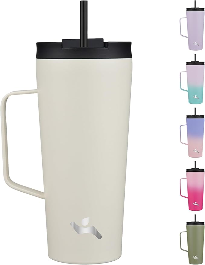 Insulated Tumbler with Handle and Straw, 22 OZ Travel Coffee Mug Stainless Steel Cup Metal Water Bottle,Angel White