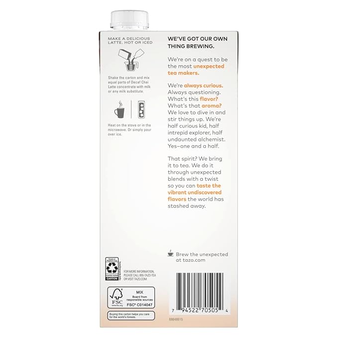 TAZO Decaf Chai Latte, Black Tea Concentrate, Easy-to-Serve Chai Tea for Everyday Lattes, Hot or Iced Tea and Mocktails, 32 oz Tea Mix Carton