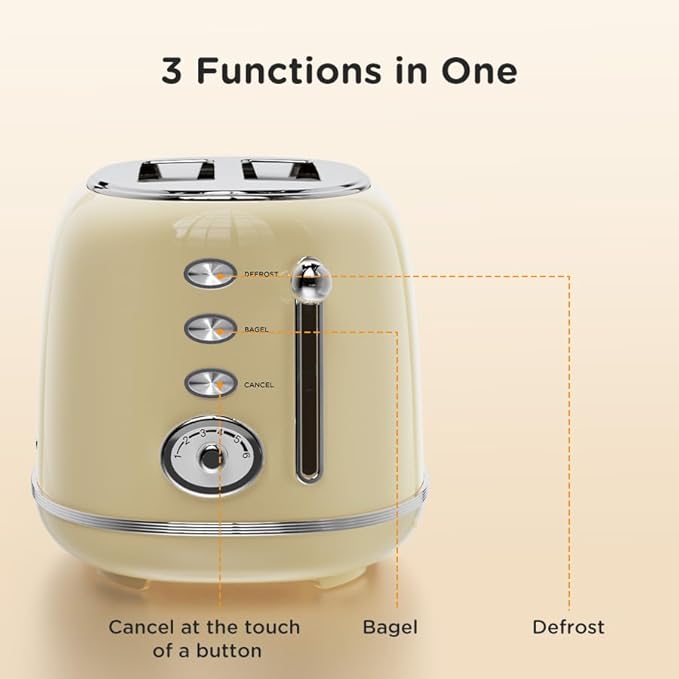 Toaster Retro 2 Slice, Vintage White Toaster with Lid, with Bread Attachment, Preheat, Defrost And Cancel Functions, 6 Browning Levels (Beige)