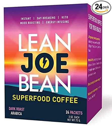 Lean Joe Bean Superfood Coffee | Organic Instant Keto Coffee with Mushrooms, MCT, Collagen, Turmeric, Probiotics & Folate | backed by Science (24 Count)