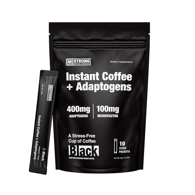 STRONG COFFEE COMPANY, ORGANIC INSTANT BLACK COFFEE – Individual Servings, Extreme Focus, Adaptogen with L-Theanine & Ashwagandha, No Jitters, No Crash (10 Packets)