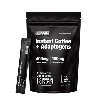 STRONG COFFEE COMPANY, ORGANIC INSTANT BLACK COFFEE – Individual Servings, Extreme Focus, Adaptogen with L-Theanine & Ashwagandha, No Jitters, No Crash (10 Packets)