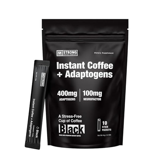 STRONG COFFEE COMPANY, ORGANIC INSTANT BLACK COFFEE – Individual Servings, Extreme Focus, Adaptogen with L-Theanine & Ashwagandha, No Jitters, No Crash (10 Packets)