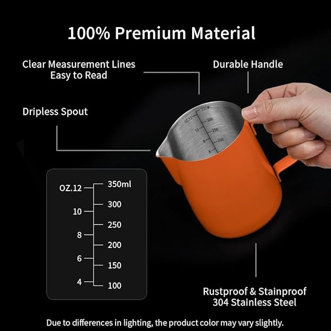 watchget Stainless Steel Milk Frothing Pitcher 12oz/350ml - Espresso Steaming Pitcher for Cappuccino, Latte Art, Coffee Machine Accessories Milk Jug Coffee Frother Cup, Orange